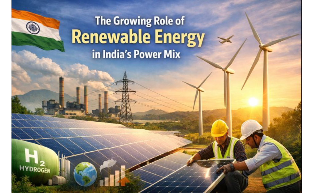 Infographic titled "The Growing Role of Renewable Energy in India’s Power Mix" showing India’s renewable energy growth. Includes solar panels, wind turbines, and hydroelectric visuals. Highlights renewable capacity at 48.3%, compares power capacity vs generation with a bar chart, and explains why it matters to India: energy security, climate leadership, job creation, and policy support. Shows broader impacts like improved air quality, rural electrification, and innovation ecosystem, along with challenges such as grid integration, financial viability of distribution companies, and growing energy demand.