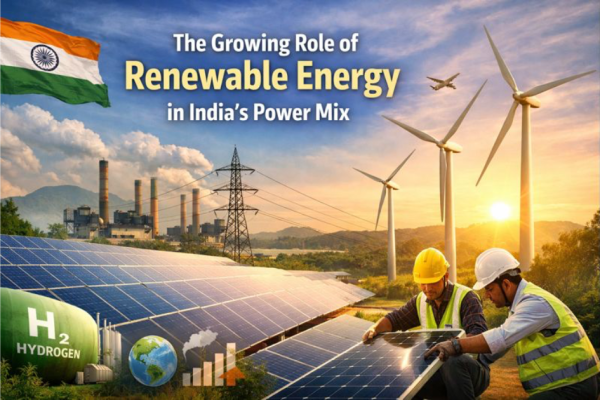 Infographic titled "The Growing Role of Renewable Energy in India’s Power Mix" showing India’s renewable energy growth. Includes solar panels, wind turbines, and hydroelectric visuals. Highlights renewable capacity at 48.3%, compares power capacity vs generation with a bar chart, and explains why it matters to India: energy security, climate leadership, job creation, and policy support. Shows broader impacts like improved air quality, rural electrification, and innovation ecosystem, along with challenges such as grid integration, financial viability of distribution companies, and growing energy demand.