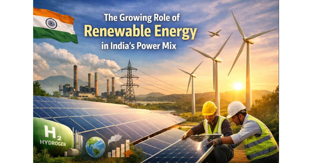 Infographic titled "The Growing Role of Renewable Energy in India’s Power Mix" showing India’s renewable energy growth. Includes solar panels, wind turbines, and hydroelectric visuals. Highlights renewable capacity at 48.3%, compares power capacity vs generation with a bar chart, and explains why it matters to India: energy security, climate leadership, job creation, and policy support. Shows broader impacts like improved air quality, rural electrification, and innovation ecosystem, along with challenges such as grid integration, financial viability of distribution companies, and growing energy demand.