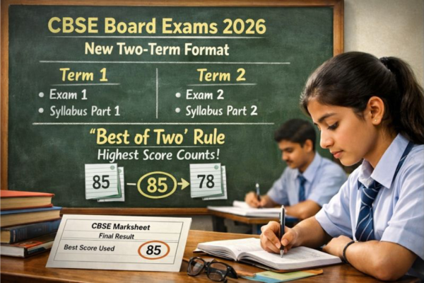 Infographic explaining the CBSE Board Exams 2026 two-term format, showing Term 1 and Term 2 exams, syllabus split, evaluation flow, and the ‘Best of Two’ rule used to calculate final results.