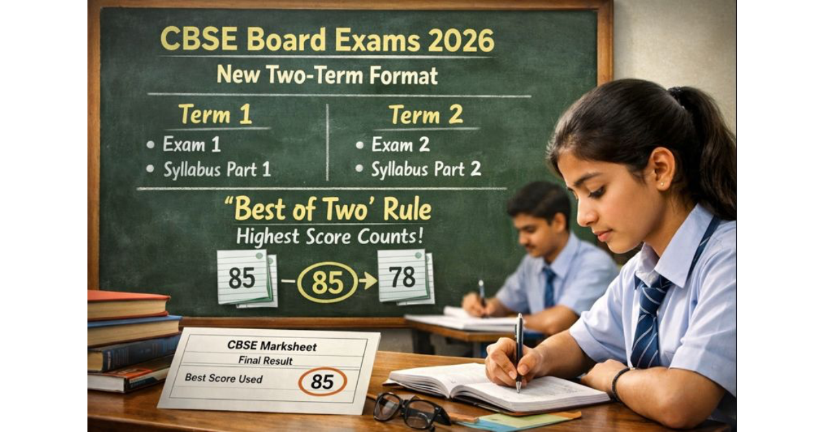 Infographic explaining the CBSE Board Exams 2026 two-term format, showing Term 1 and Term 2 exams, syllabus split, evaluation flow, and the ‘Best of Two’ rule used to calculate final results.