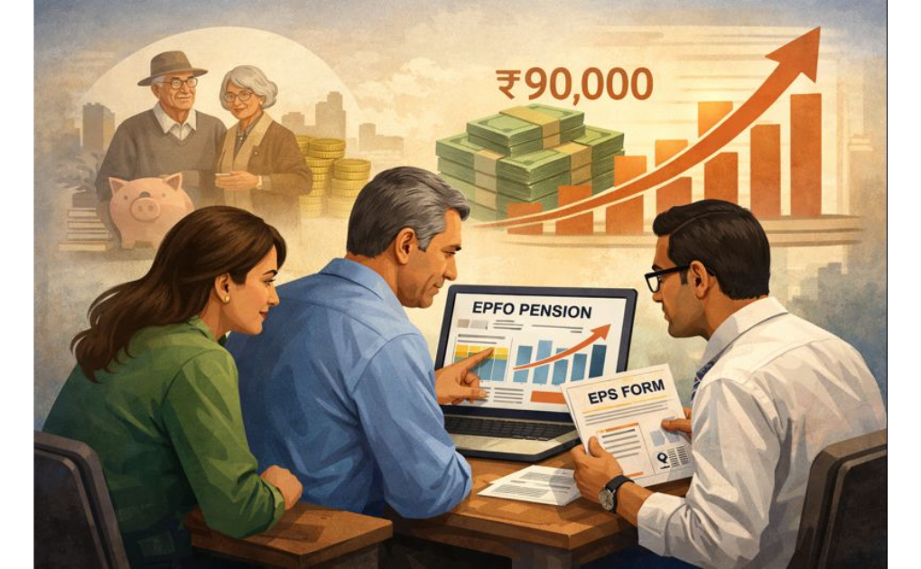 Illustration showing salaried professionals reviewing EPFO pension documents on a laptop, with retirement icons, higher salary figures, and a rising pension graph symbolising increased EPS benefits under new guidelines.