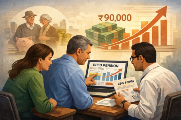 Illustration showing salaried professionals reviewing EPFO pension documents on a laptop, with retirement icons, higher salary figures, and a rising pension graph symbolising increased EPS benefits under new guidelines.