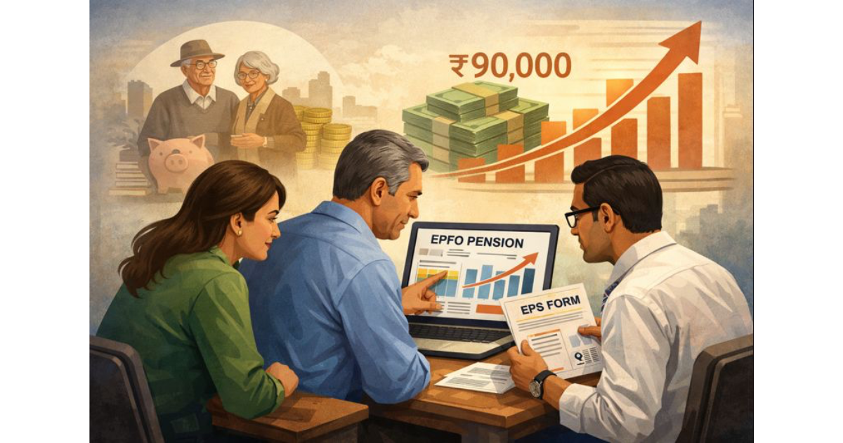 Illustration showing salaried professionals reviewing EPFO pension documents on a laptop, with retirement icons, higher salary figures, and a rising pension graph symbolising increased EPS benefits under new guidelines.