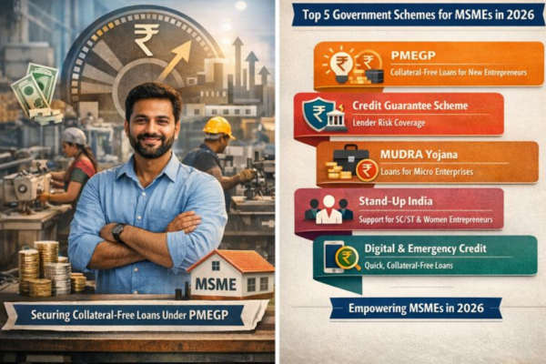 Infographic showing the top five government schemes for MSMEs in 2026, including PMEGP, MUDRA, Stand-Up India, Credit Guarantee Scheme, and digital lending frameworks.