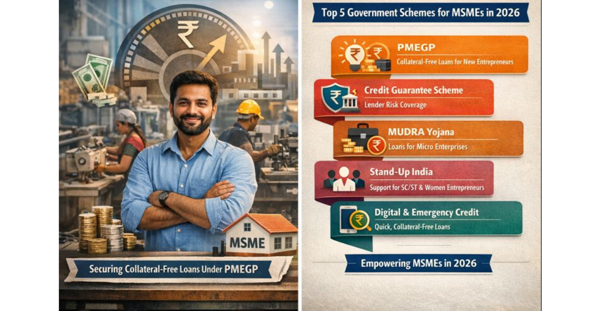 Infographic showing the top five government schemes for MSMEs in 2026, including PMEGP, MUDRA, Stand-Up India, Credit Guarantee Scheme, and digital lending frameworks.