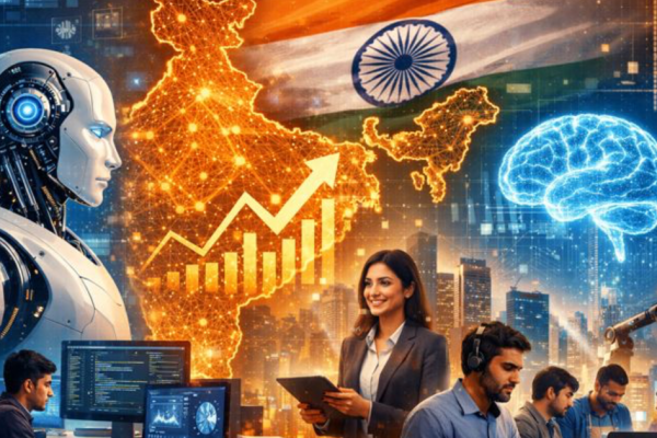 Futuristic depiction of India embracing AI, showing a humanoid robot, Indian professionals working with AI-powered devices, a glowing map of India, and digital technology elements like a neural network and city skyline.