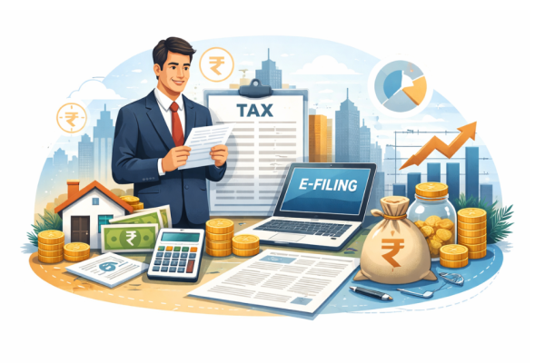 Salaried employee reviewing payslip and income tax documents with digital tax portal interface in the background, representing new income tax rules for 2026.