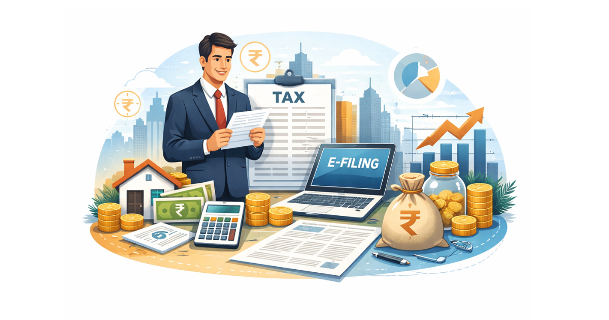 Salaried employee reviewing payslip and income tax documents with digital tax portal interface in the background, representing new income tax rules for 2026.