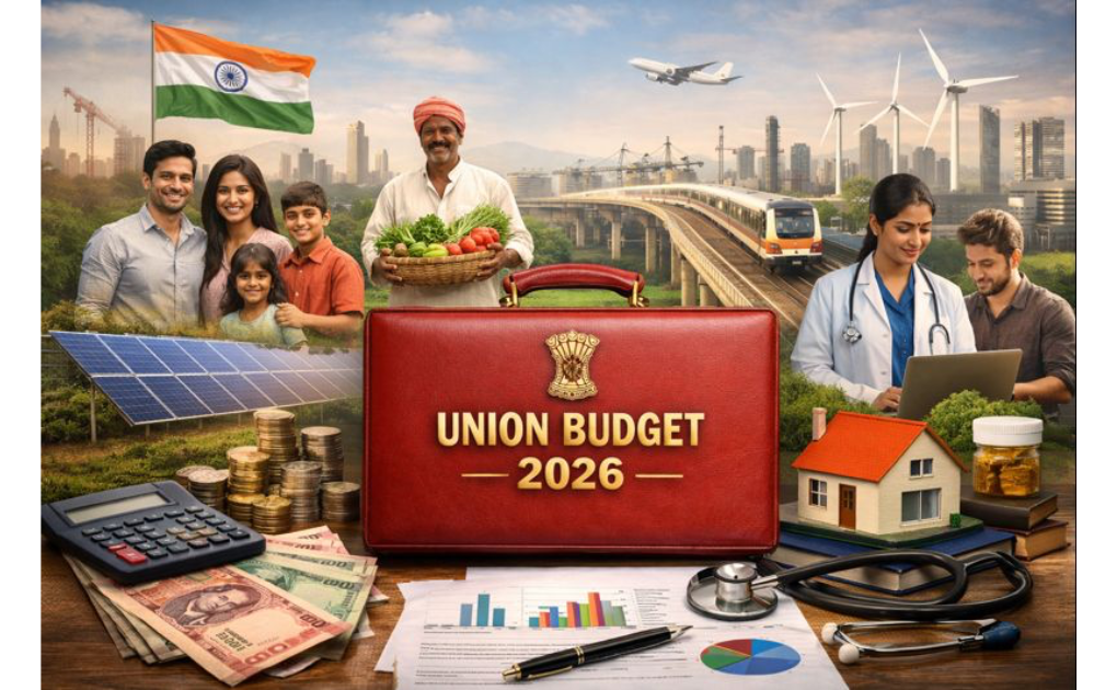 Infographic illustrating India’s Union Budget 2026, showing a middle-class family reviewing finances alongside visuals of Parliament, rising coins, infrastructure projects, agriculture, education, healthcare, and growth indicators.