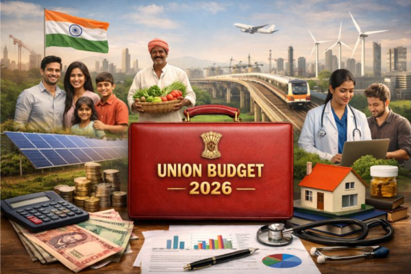 Infographic illustrating India’s Union Budget 2026, showing a middle-class family reviewing finances alongside visuals of Parliament, rising coins, infrastructure projects, agriculture, education, healthcare, and growth indicators.