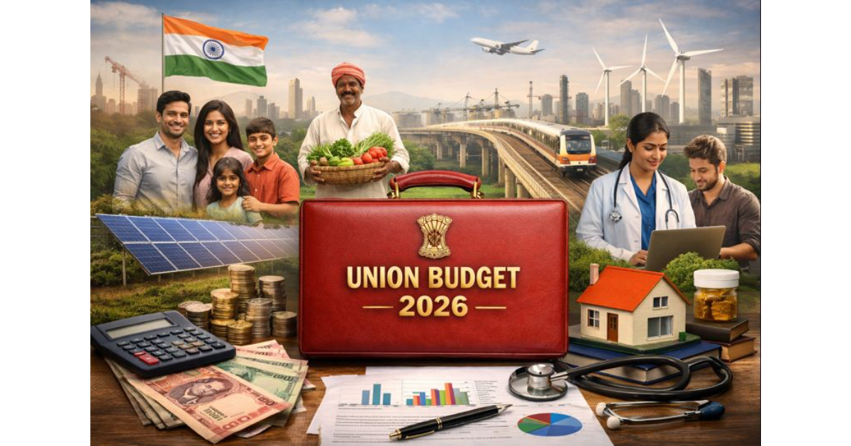 Infographic illustrating India’s Union Budget 2026, showing a middle-class family reviewing finances alongside visuals of Parliament, rising coins, infrastructure projects, agriculture, education, healthcare, and growth indicators.