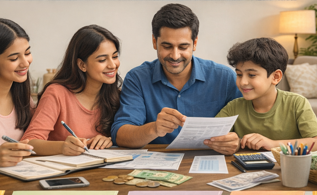 A middle-class Indian family reviewing household expenses and savings at home after the Union Budget 2026–27 announcement.