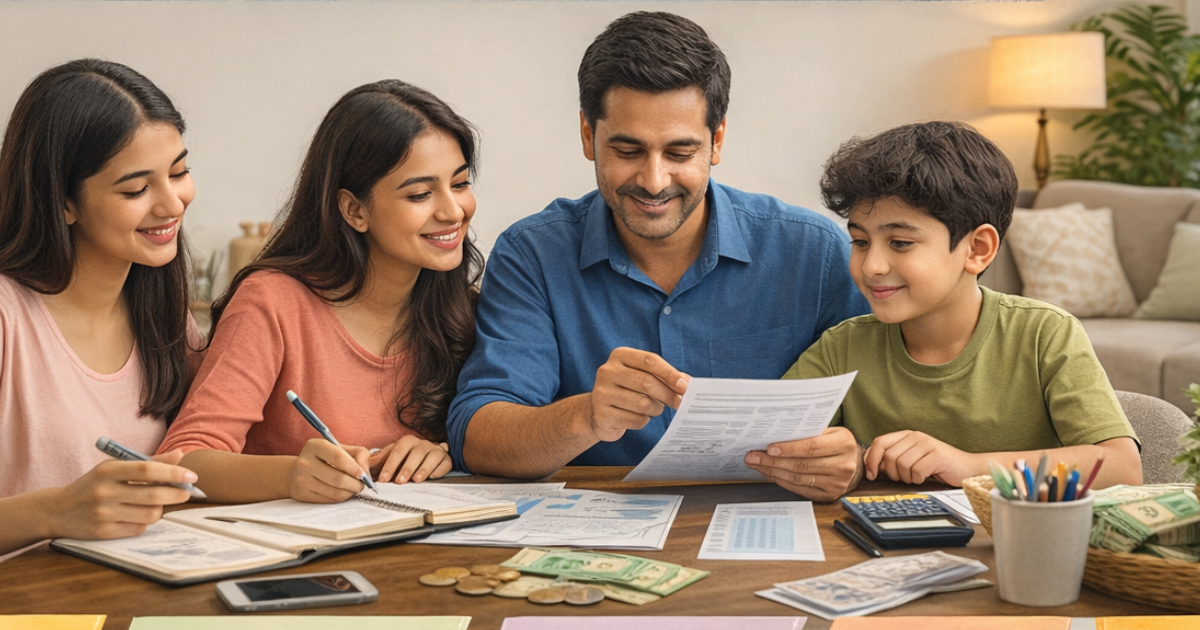 A middle-class Indian family reviewing household expenses and savings at home after the Union Budget 2026–27 announcement.