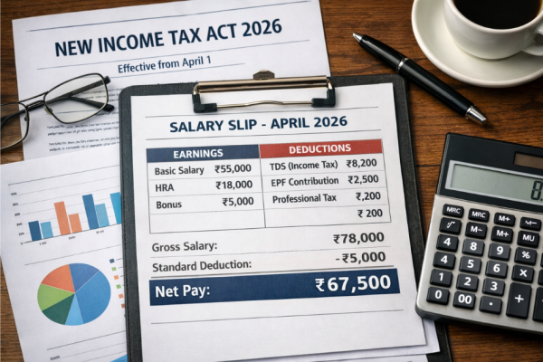 A redesigned salary slip displayed on a desk with documents titled “New Income Tax Act 2026,” showing updated tax deductions and net pay figures effective from April 1.
