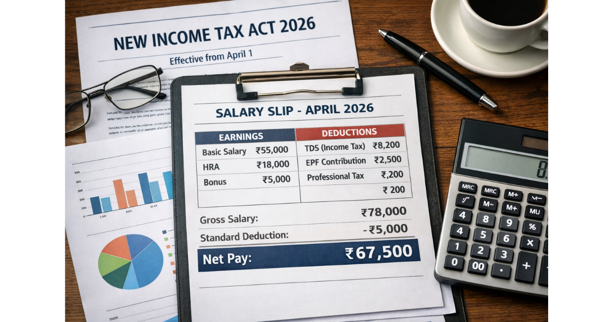 A redesigned salary slip displayed on a desk with documents titled “New Income Tax Act 2026,” showing updated tax deductions and net pay figures effective from April 1.