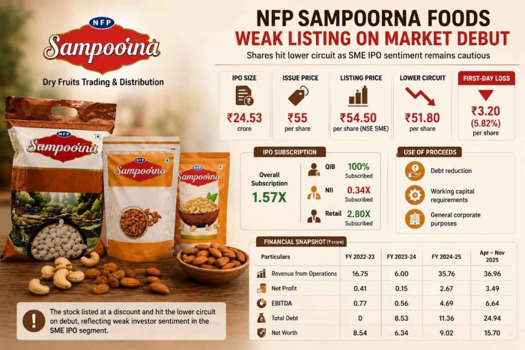 NFP Sampoorna Foods Shares Slide on Debut as Weak SME IPO Sentiment Weighs on Listing