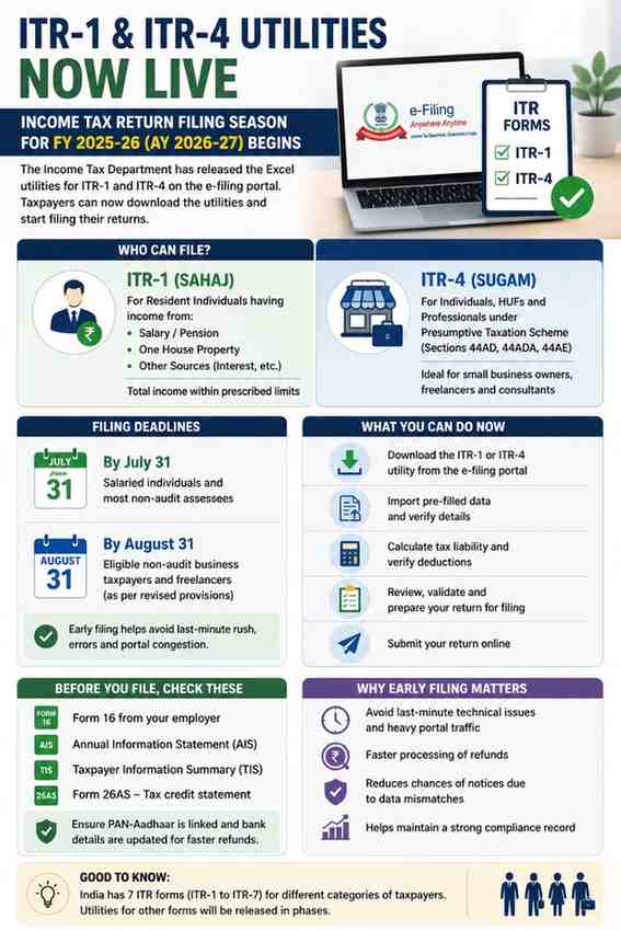 Income Tax Department Releases ITR-1 and ITR-4 Utilities, Opening FY 2025-26 Return Filing Season