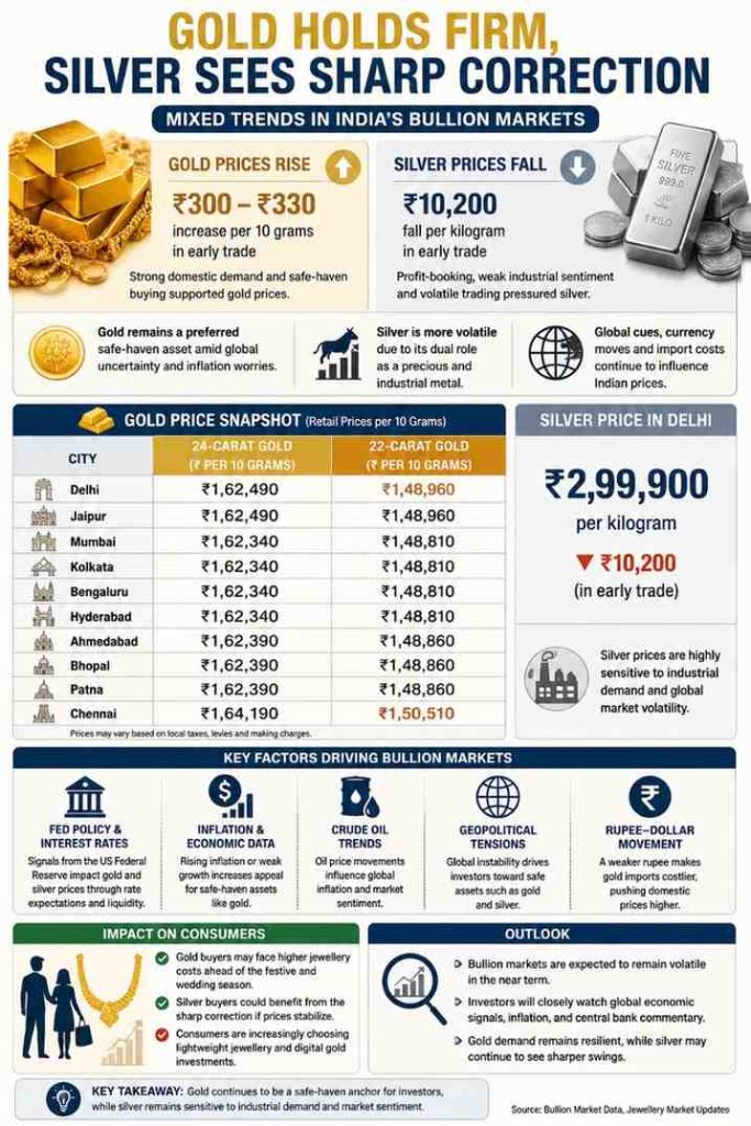 Gold Holds Firm in Indian Markets While Silver Sees Sharp Correction Amid Volatile Global Trade