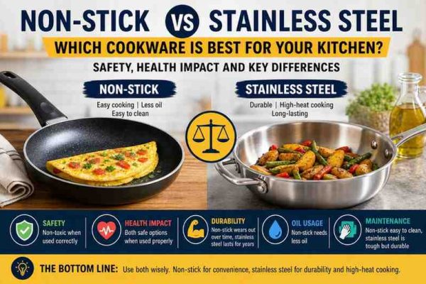 Non-Stick vs Stainless Steel: Which cookware is best for your kitchen? Safety, health impact and key differences
