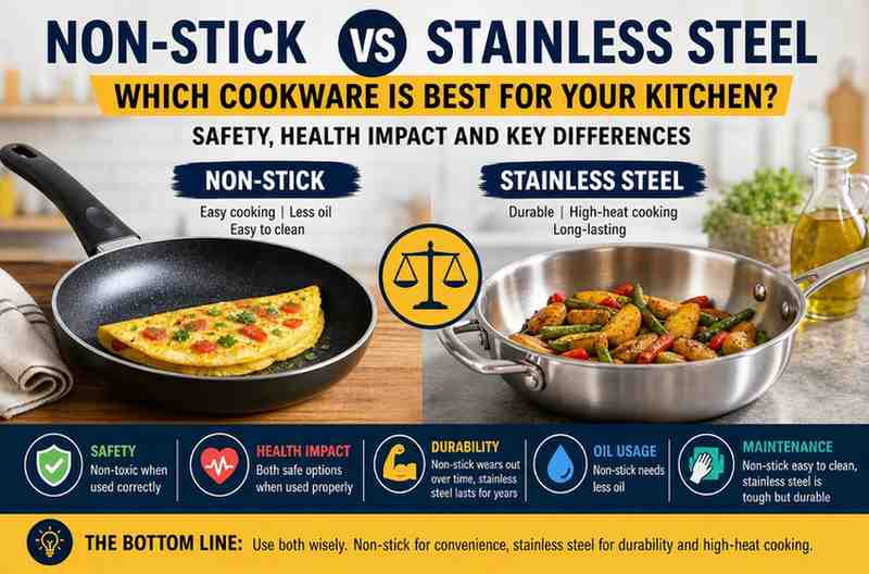 Non-Stick vs Stainless Steel: Which cookware is best for your kitchen? Safety, health impact and key differences
